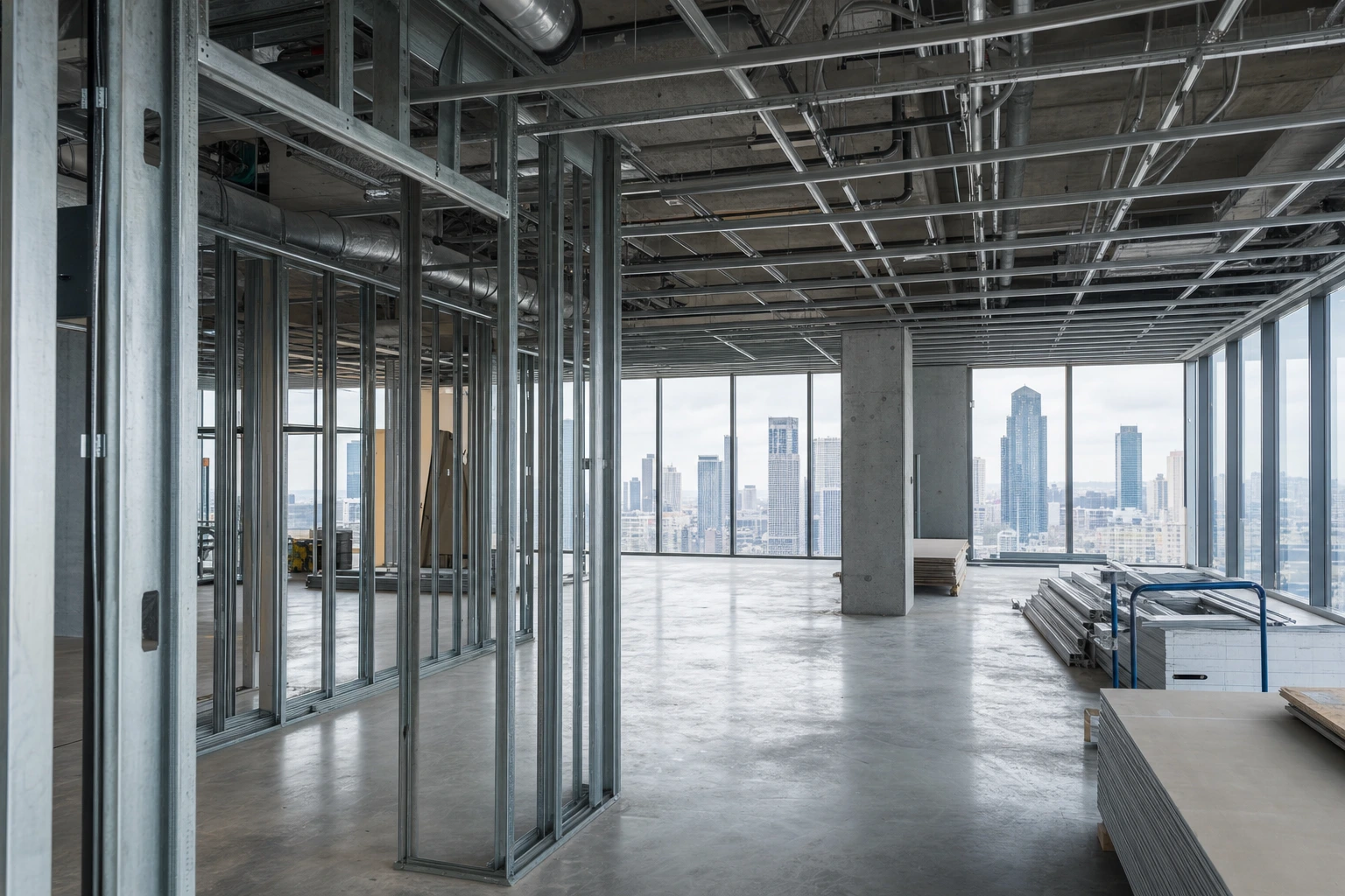 Commercial interior fit-out in progress with steel stud framing and exposed services