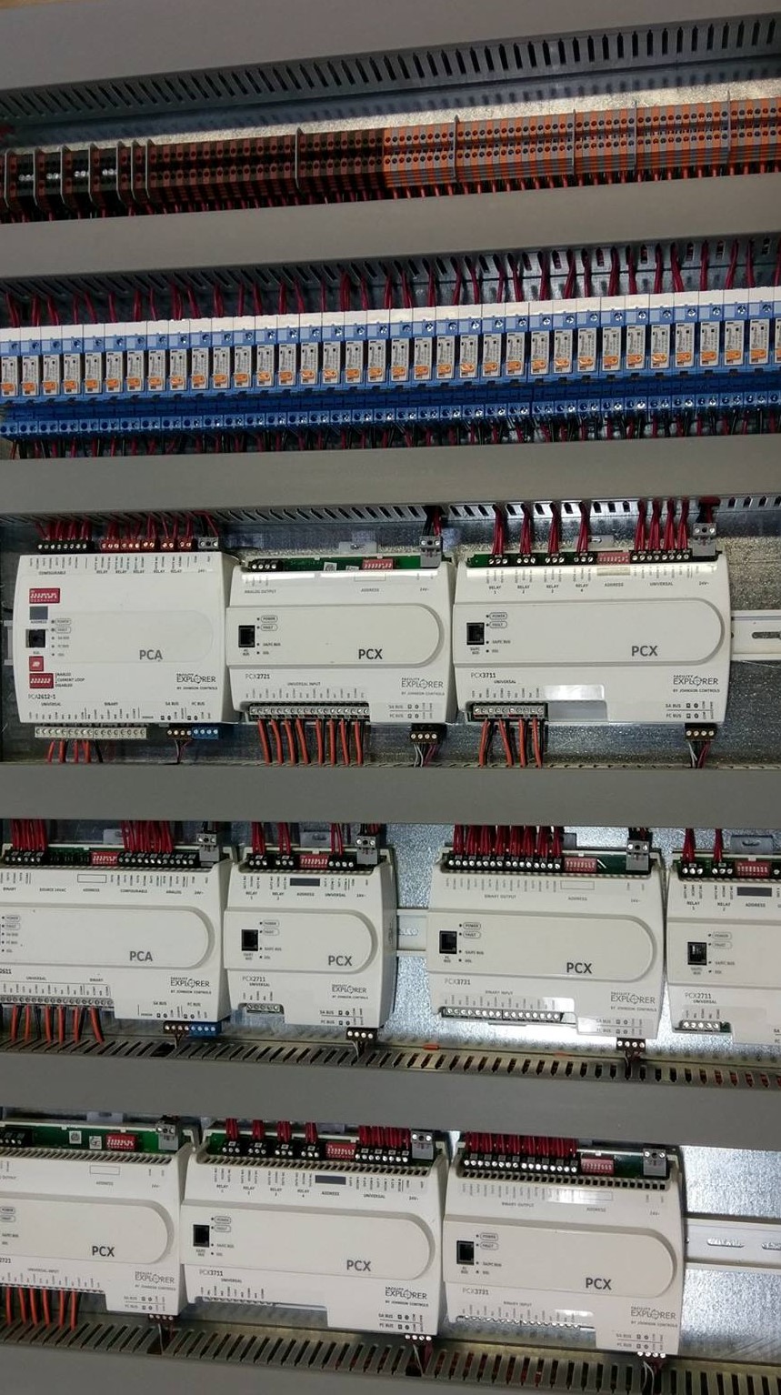 Mito control panel with Johnson Controls PCA and PCX controllers, relays and terminated wiring