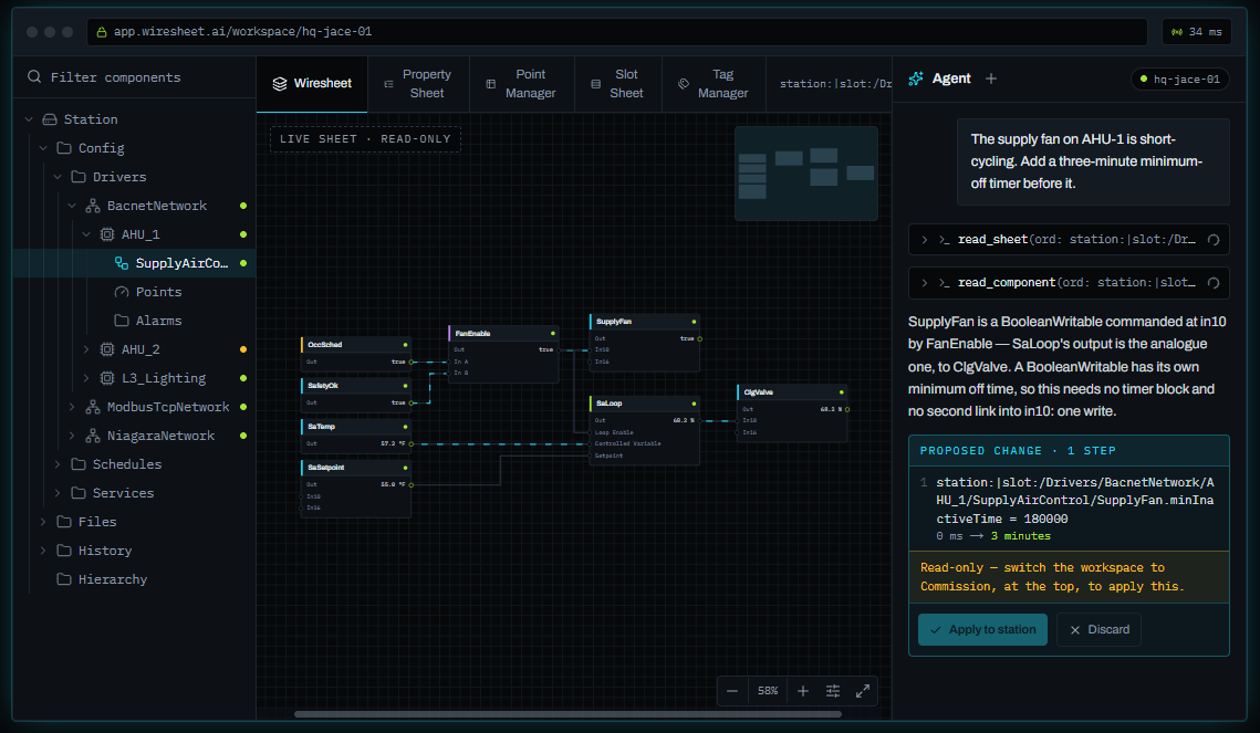 Wiresheet.ai workspace showing control logic and the AI assistant